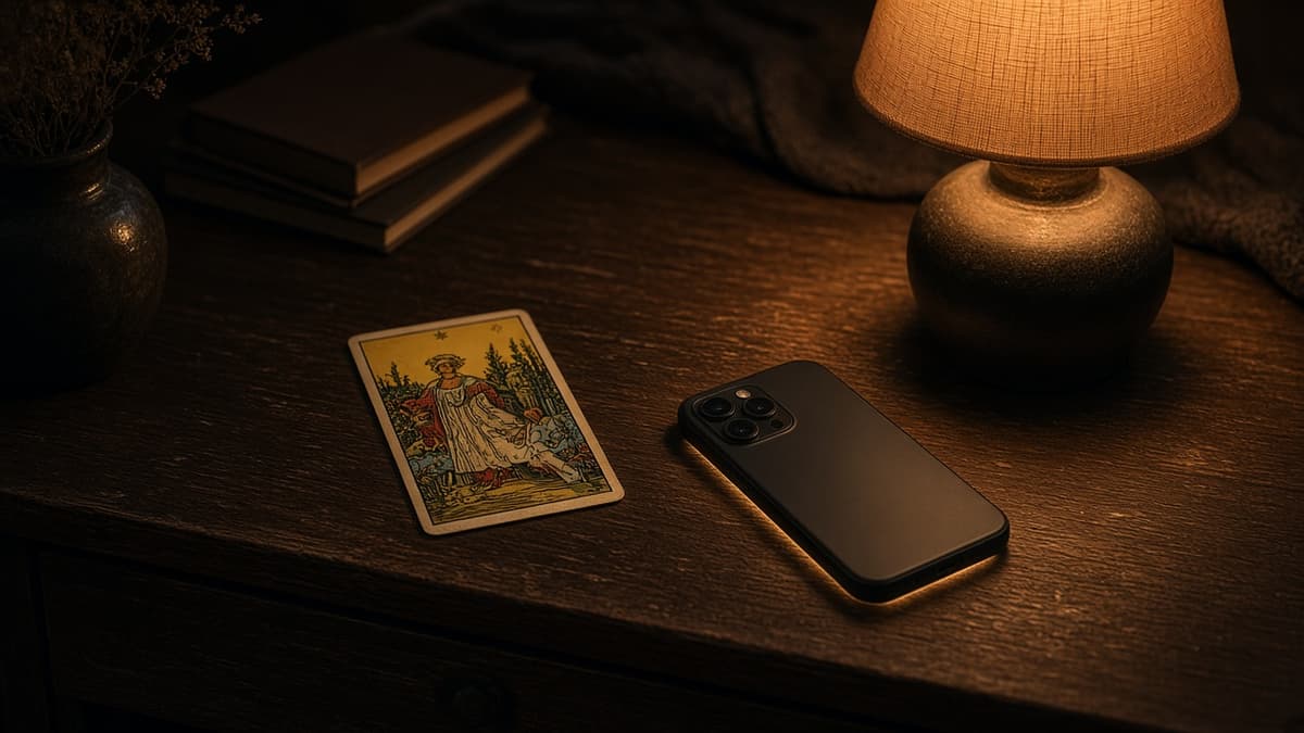 Is he thinking about me tarot: phone face-down beside one card on a quiet wooden desk.