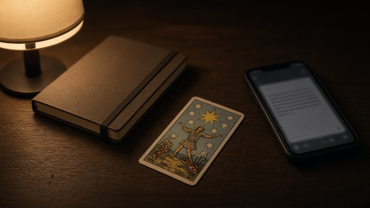 Is he thinking about me tarot reading: one face-up card beside an unfinished message draft.