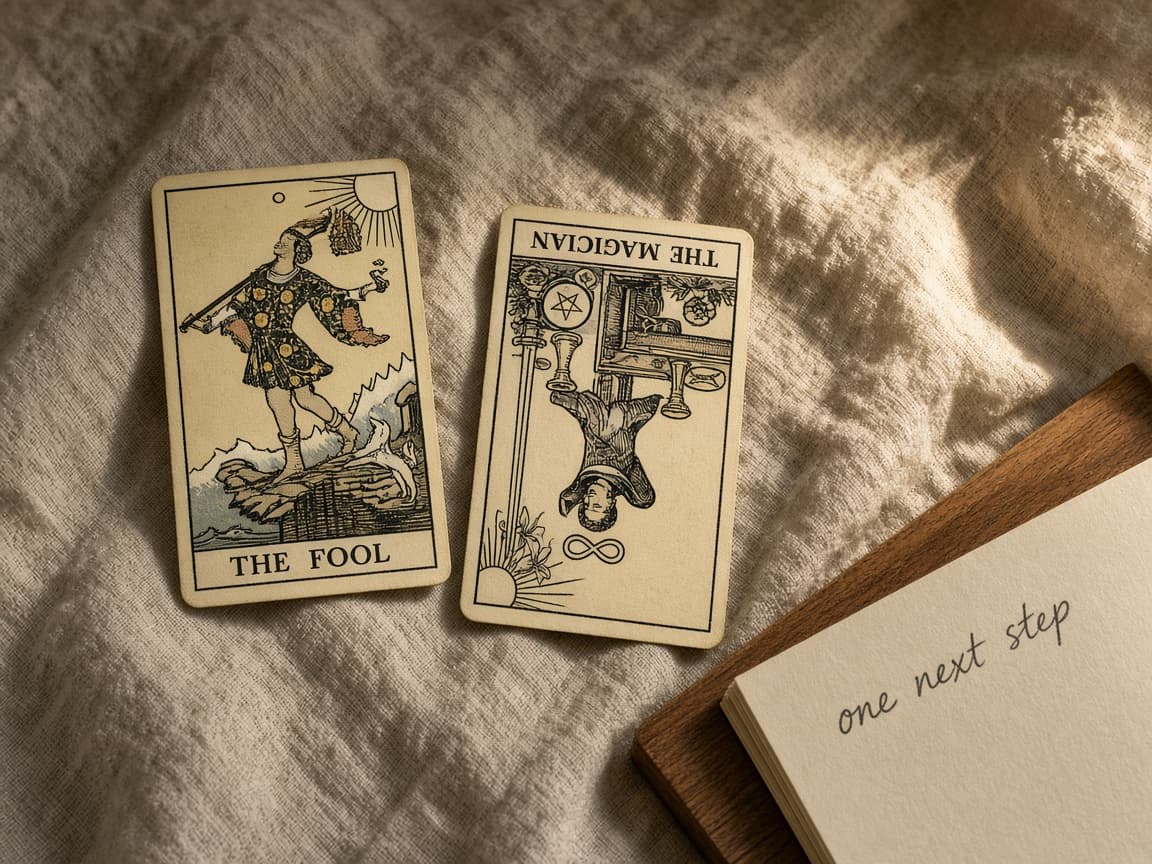 Major Arcana cards upright and reversed beside a notebook for a one-card reading