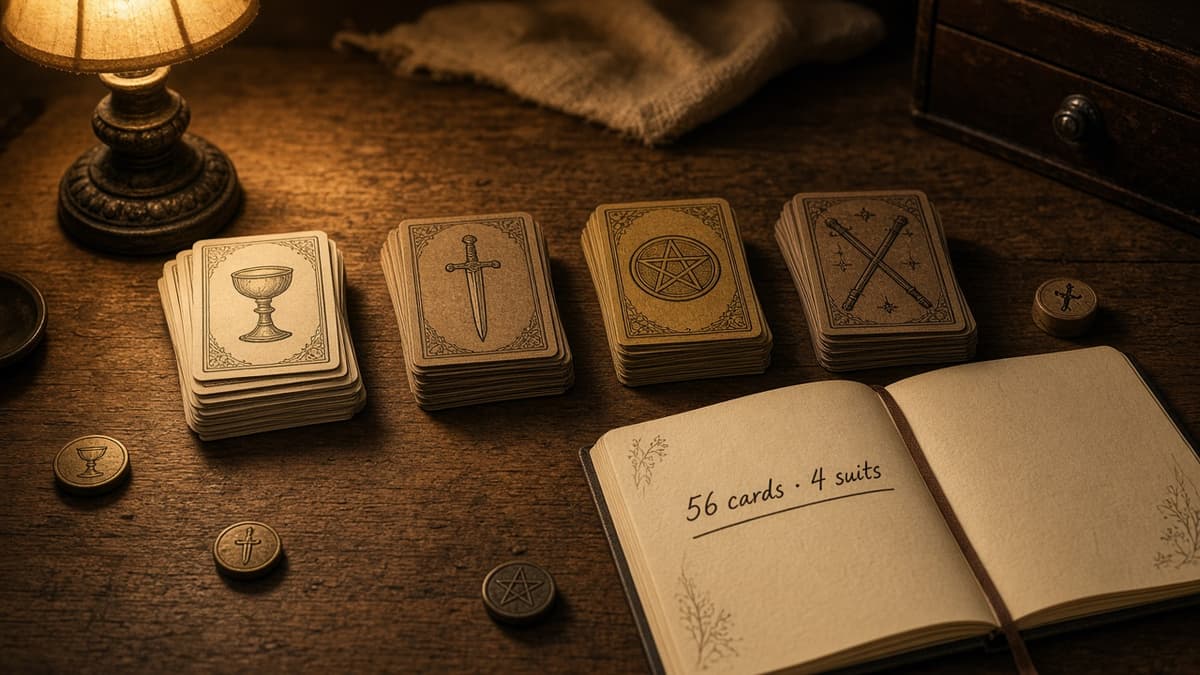 Minor Arcana cards still life: four suit piles and a notebook marked 56 cards and 4 suits on a warm wooden desk