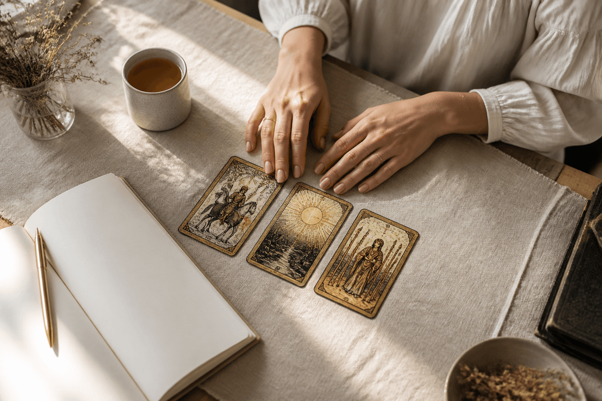 Hands near three tarot cards with tea and a notebook in soft daylight.