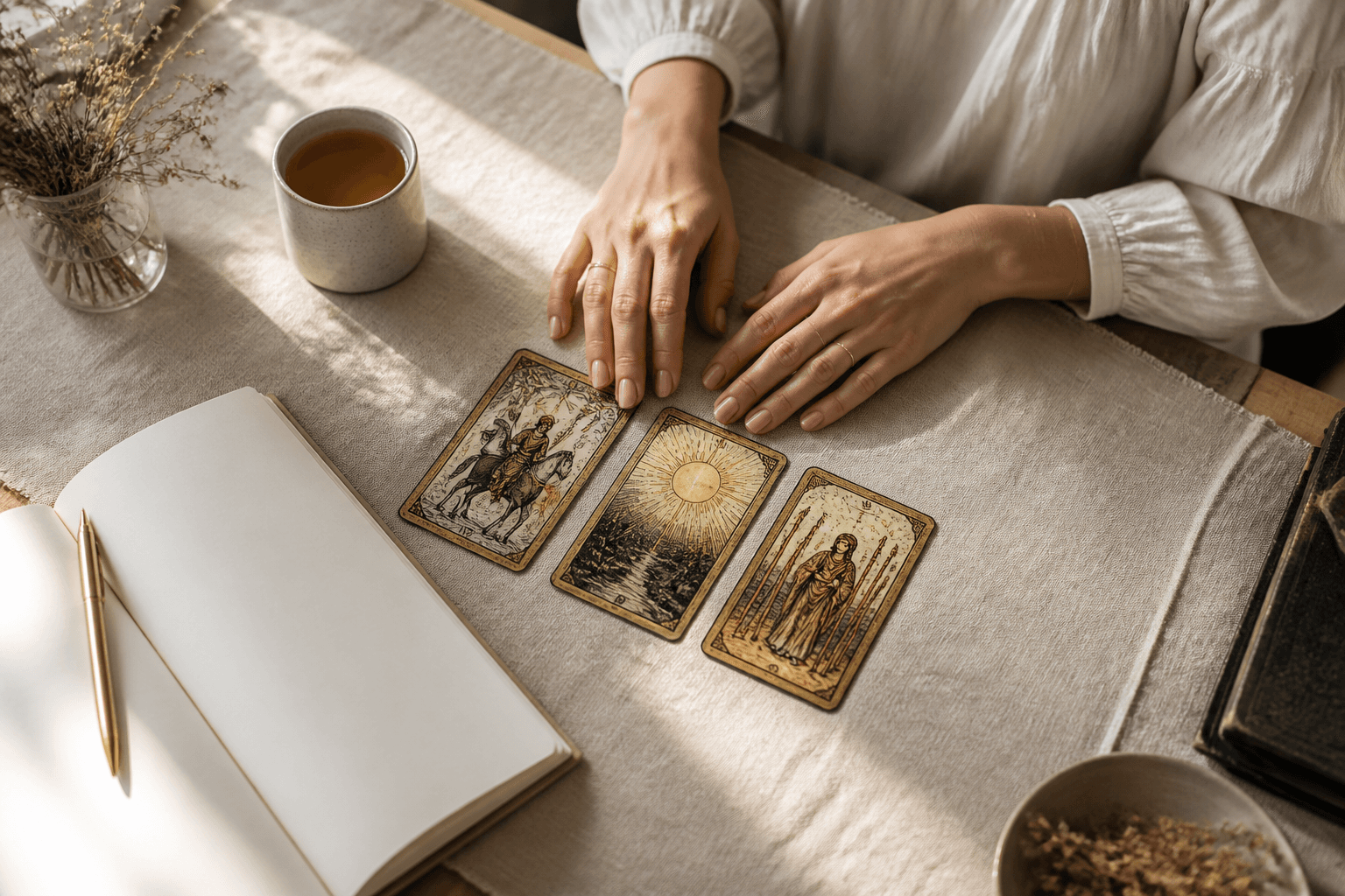 Hands near three tarot cards with tea and a notebook in soft daylight.