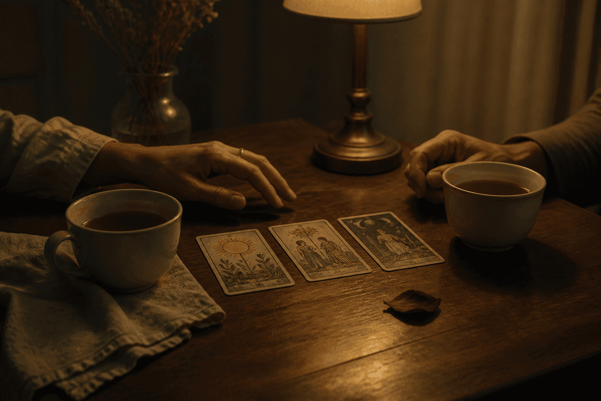 Two teacups with three tarot cards between them in warm evening light.