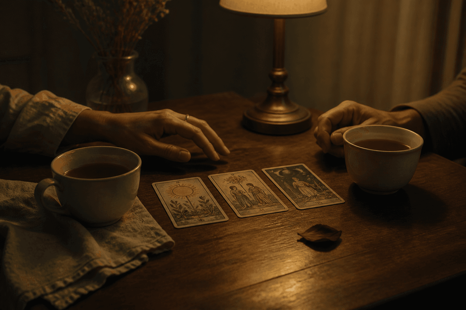 Two teacups with three tarot cards between them in warm evening light.