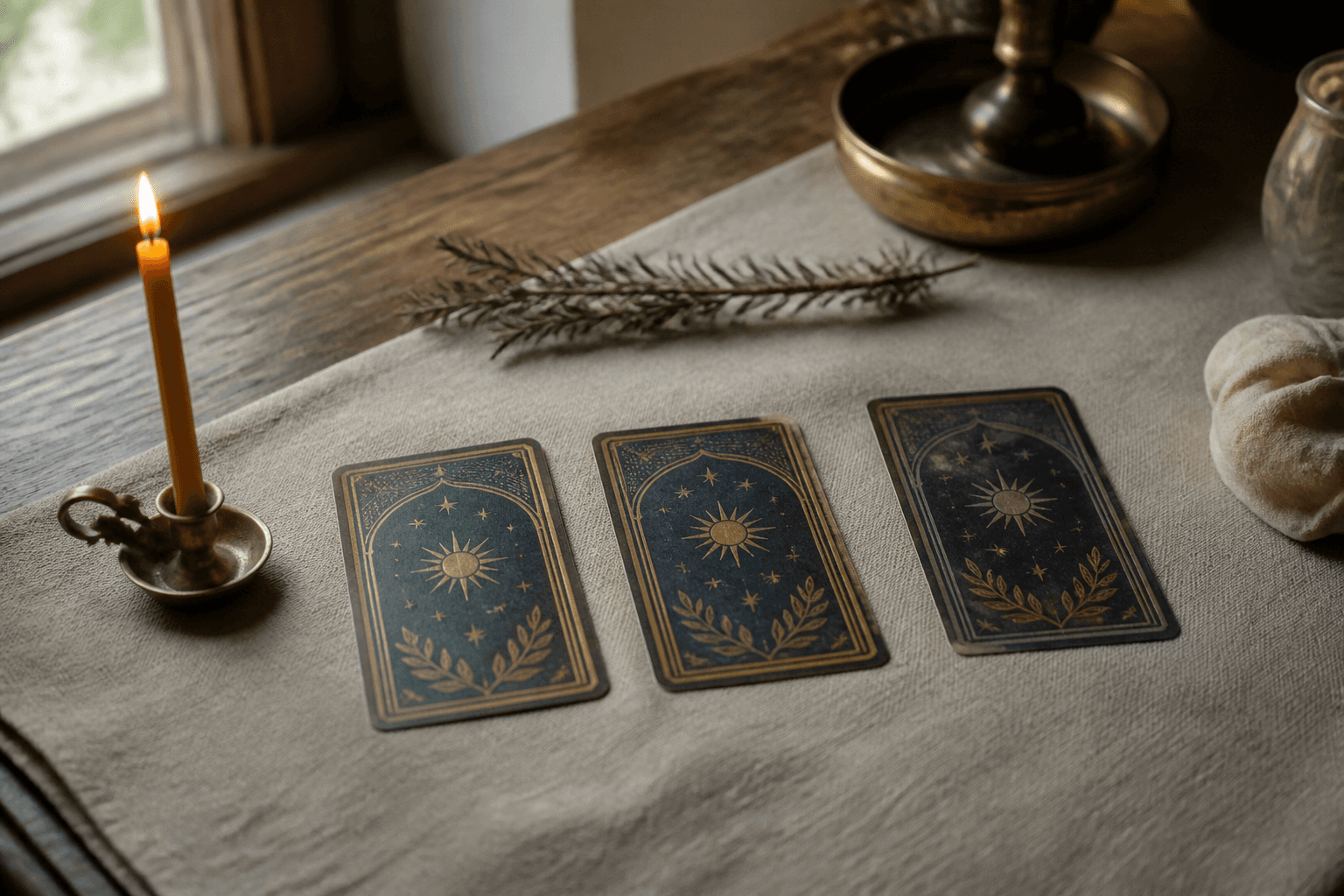 Three tarot cards in a quiet row on linen under soft daylight.