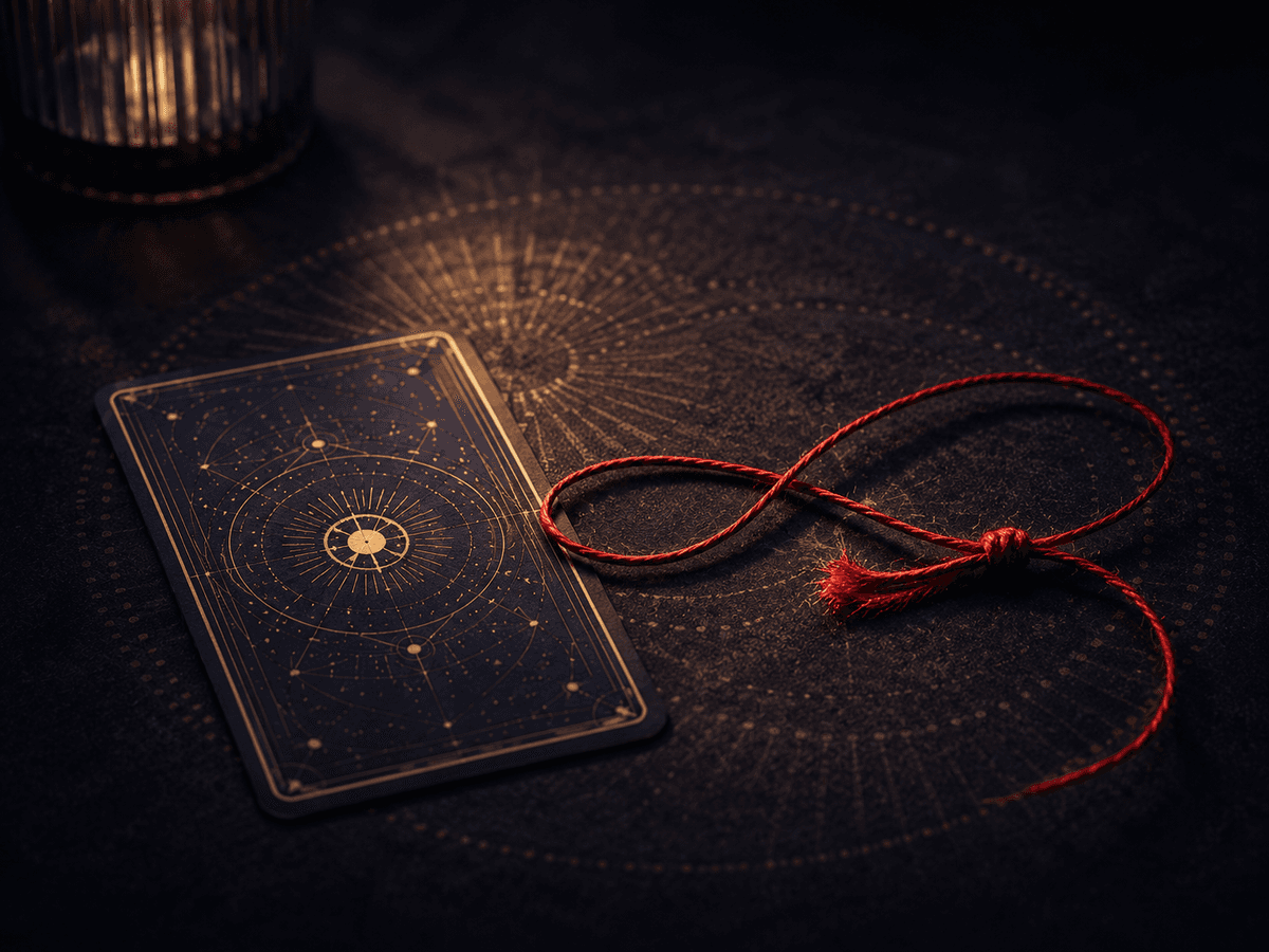 A tarot card beside a looping red thread with a knot and frayed end, representing emotional residue and repeating relationship patterns.