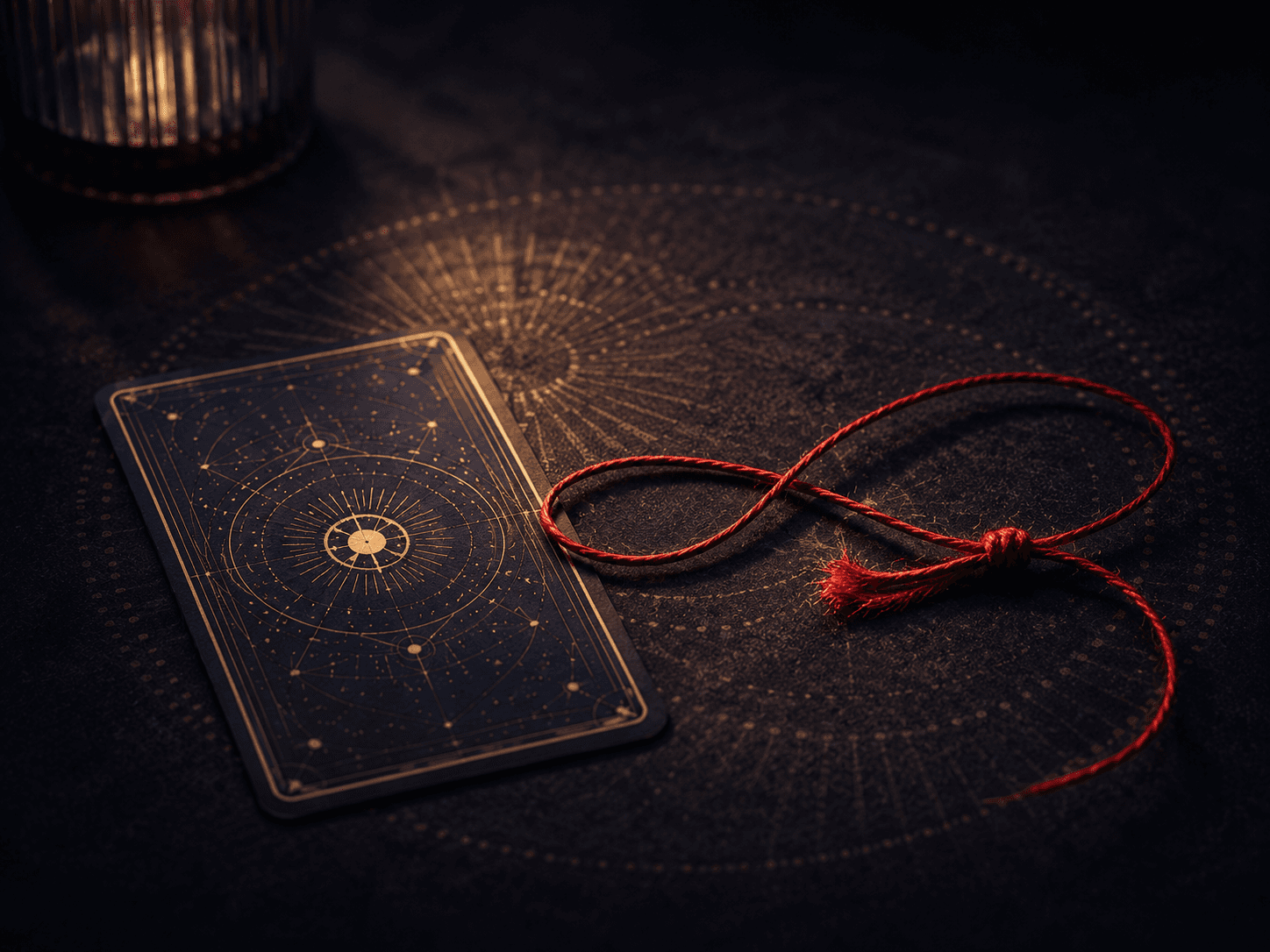 A tarot card beside a looping red thread with a knot and frayed end, representing emotional residue and repeating relationship patterns.