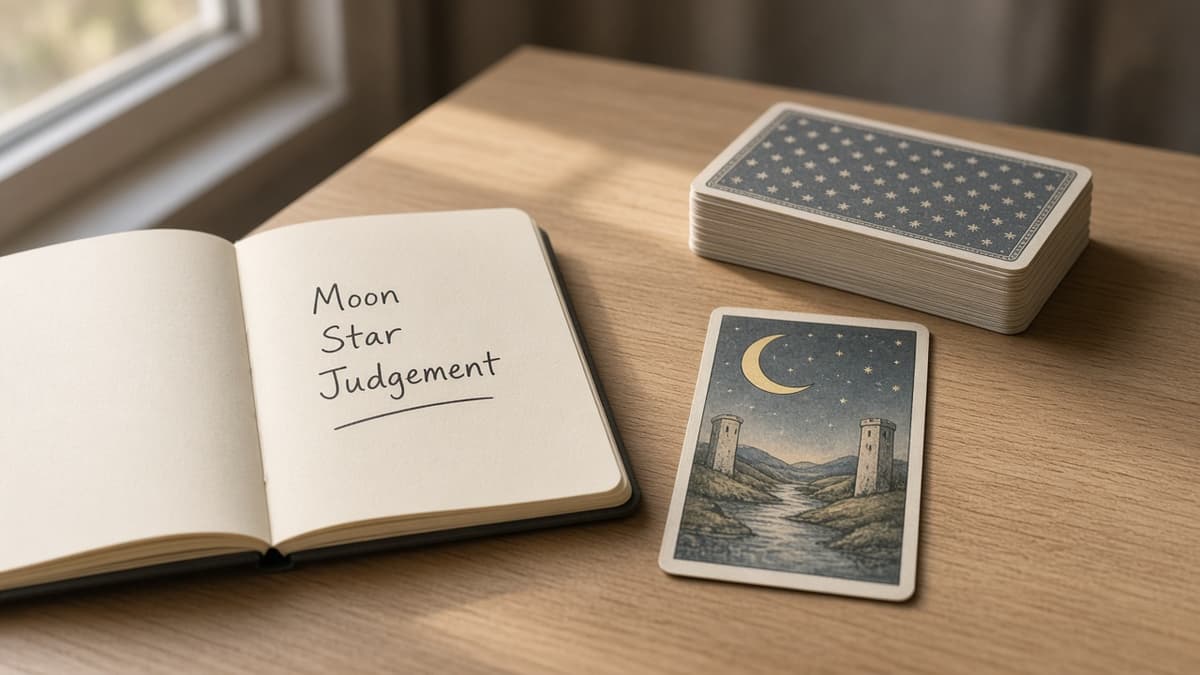 What tarot cards mean missing someone: notebook list of Moon, Star, Judgement beside one face-up Major Arcana card.