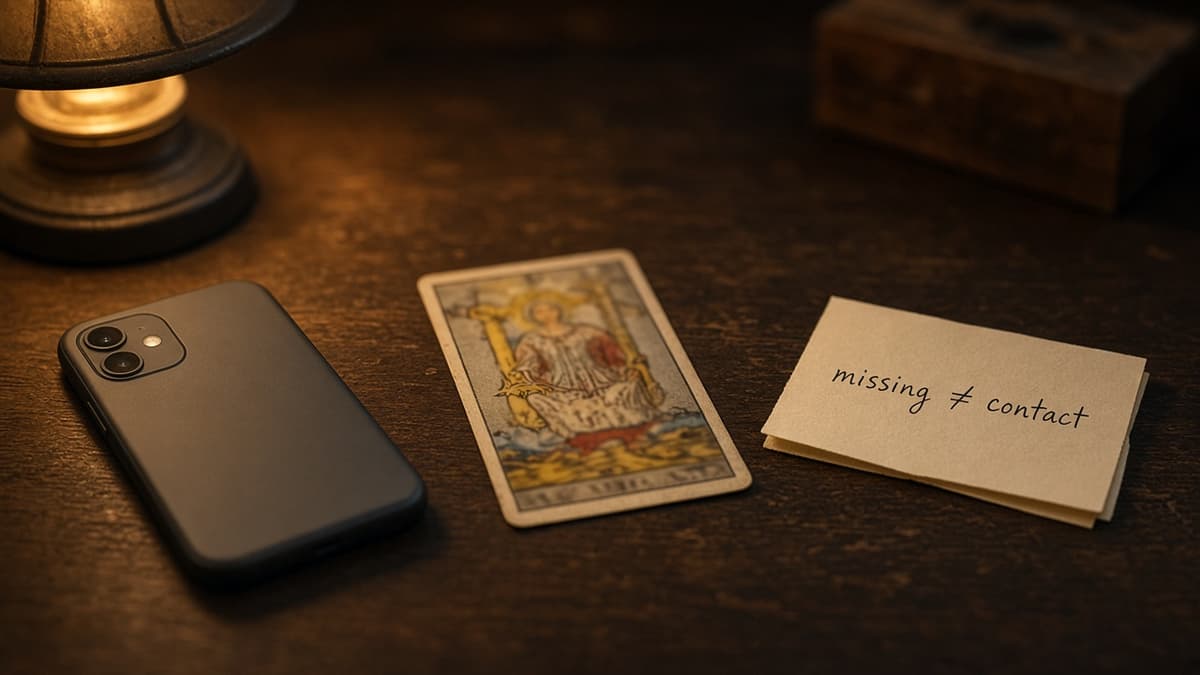 What tarot cards mean missing someone: face-down phone, one tarot card, and a note separating longing from contact.